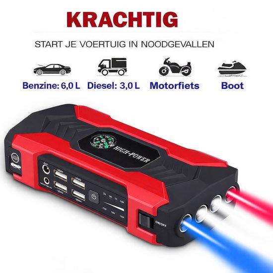 Auto Jumpstarter 12V Powerbank met lucht Compressor & LED – Noodstarter voor Auto, 12000mAh, 600A Piekstroom
