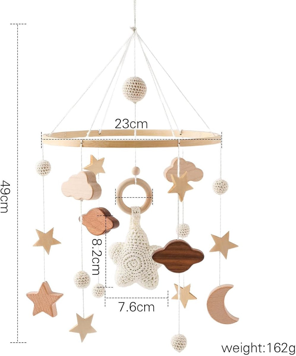 Baby Mobiel Hanger Sterren & Maan – Houten Ring met Wolkjes en Gehaakte Details – Neutrale Babykamer Decoratie