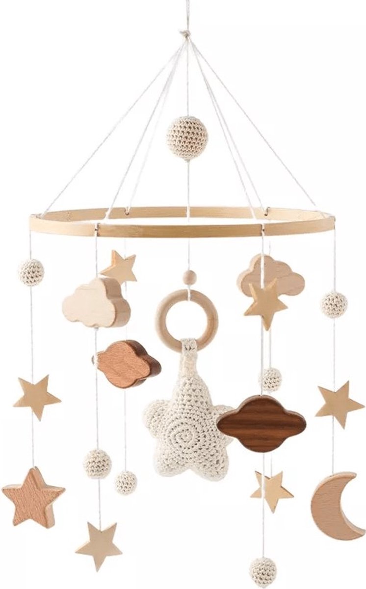 Baby Mobiel Hanger Sterren & Maan – Houten Ring met Wolkjes en Gehaakte Details – Neutrale Babykamer Decoratie